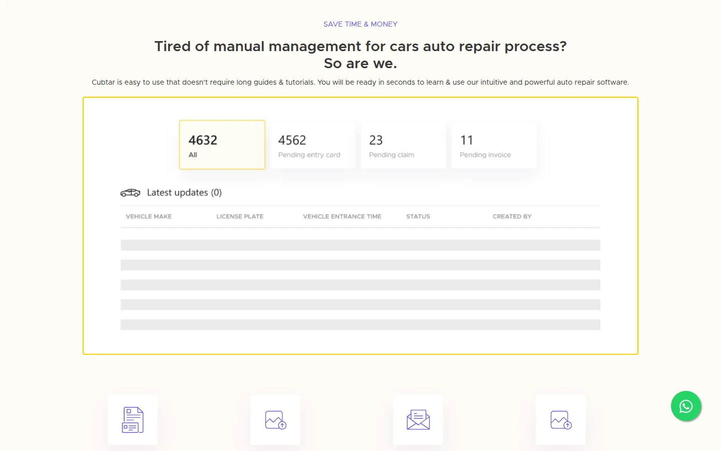 Dashboard preview on the Cubtar website with counts of vehicles and pending claims