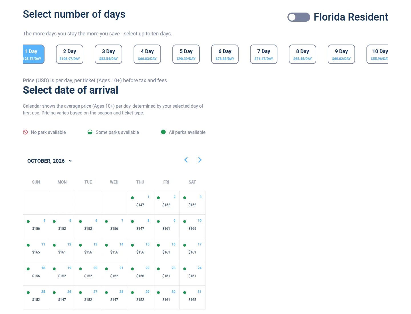 Ticket calendar showing a price for each arrival date and park availability