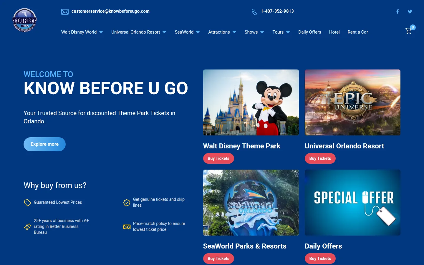 Know Before U Go homepage showing Disney, Universal and SeaWorld ticket categories
