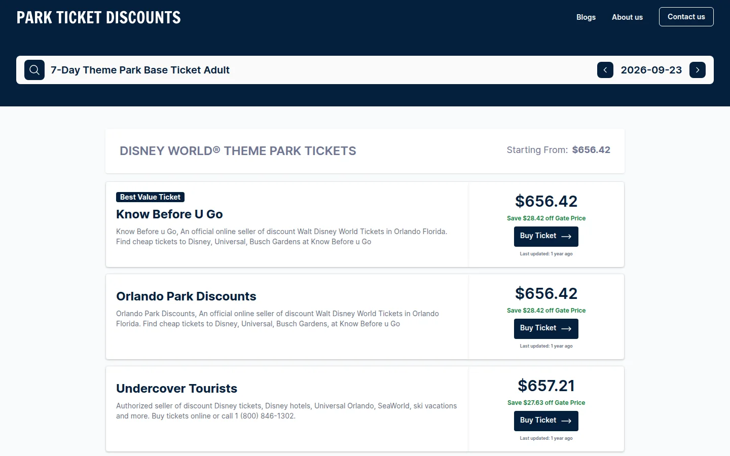 Price comparison for a seven-day Disney World ticket across several sellers