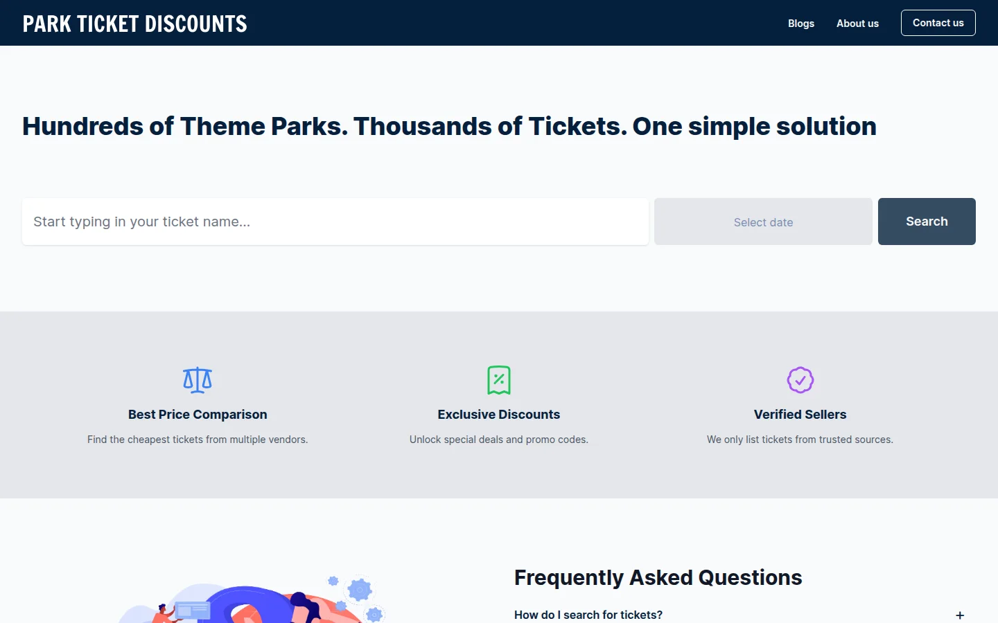 Park Ticket Discounts homepage with ticket search and date picker